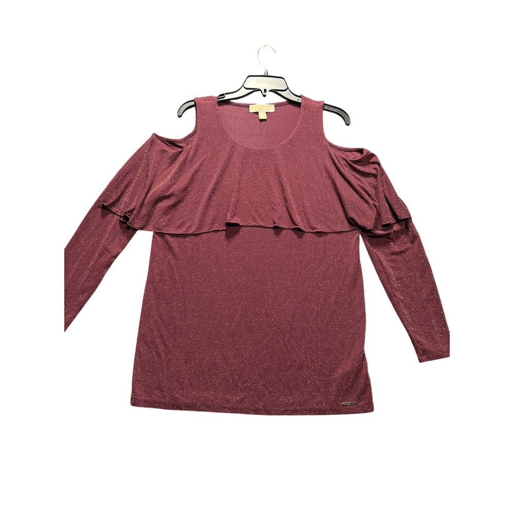 Michael Kors Cold Shoulder Top Womens XL Burgundy Metallic Glitter Ruffle